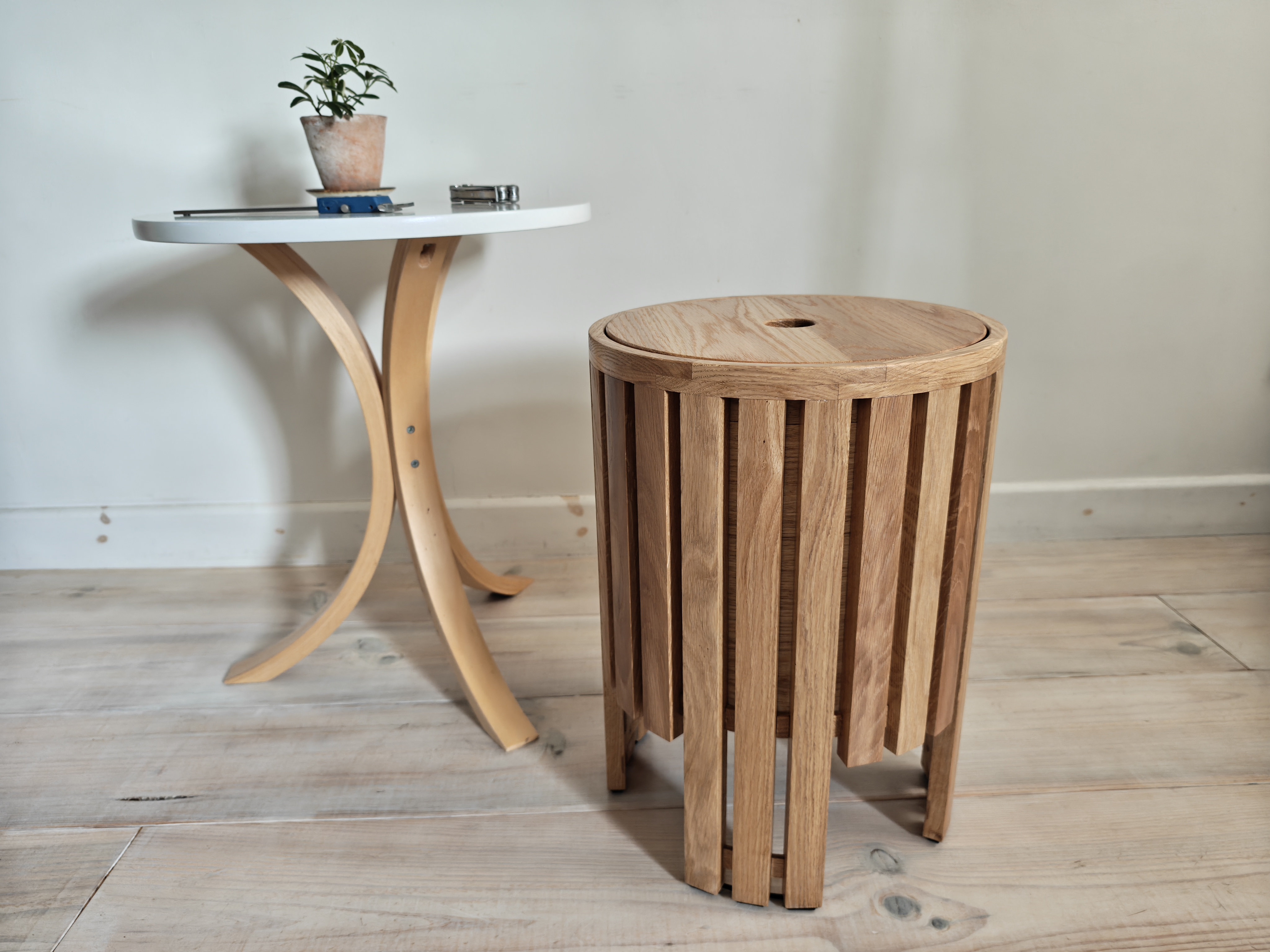 Oak storage stool