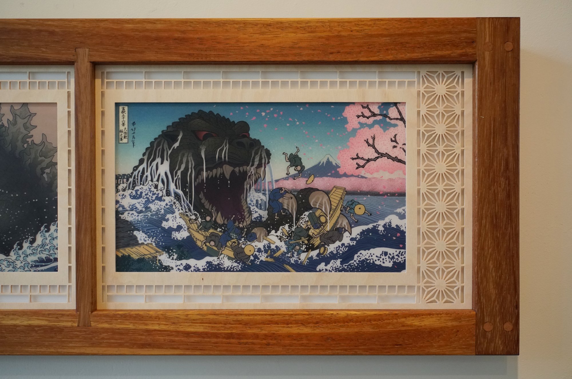 Kumiko/ukiyo-e style Godzilla wall lantern - MW Works